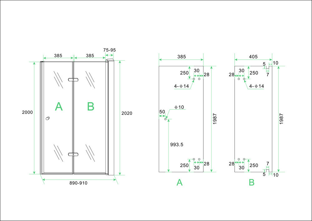 Fold vouwbare douchedeur 90x200 cm nisdeur rechts 8 mm glas