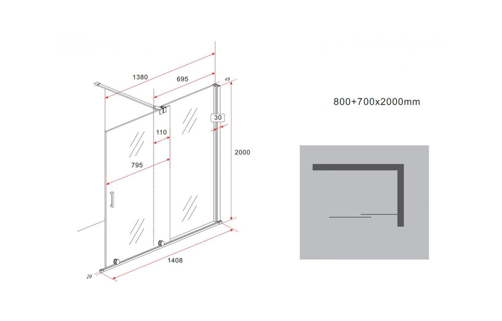 Schuifbare inloopdouche 180x200 cm op rail - complete set