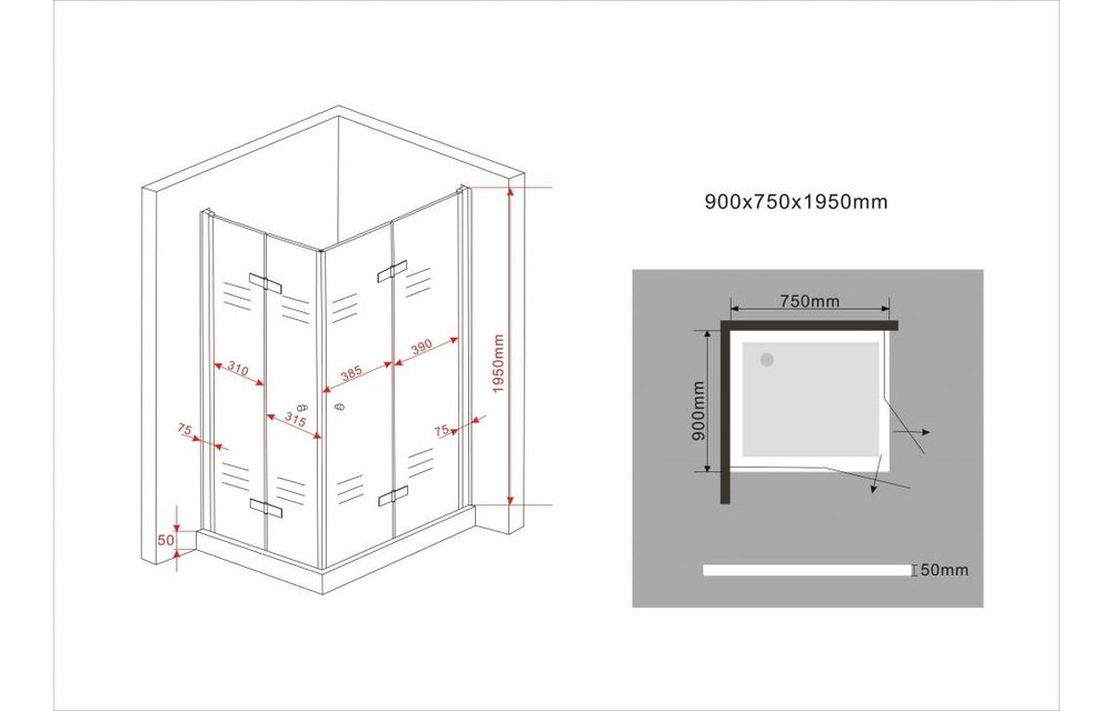 Clip douchecabine met klapdeuren 90x75x195 cm