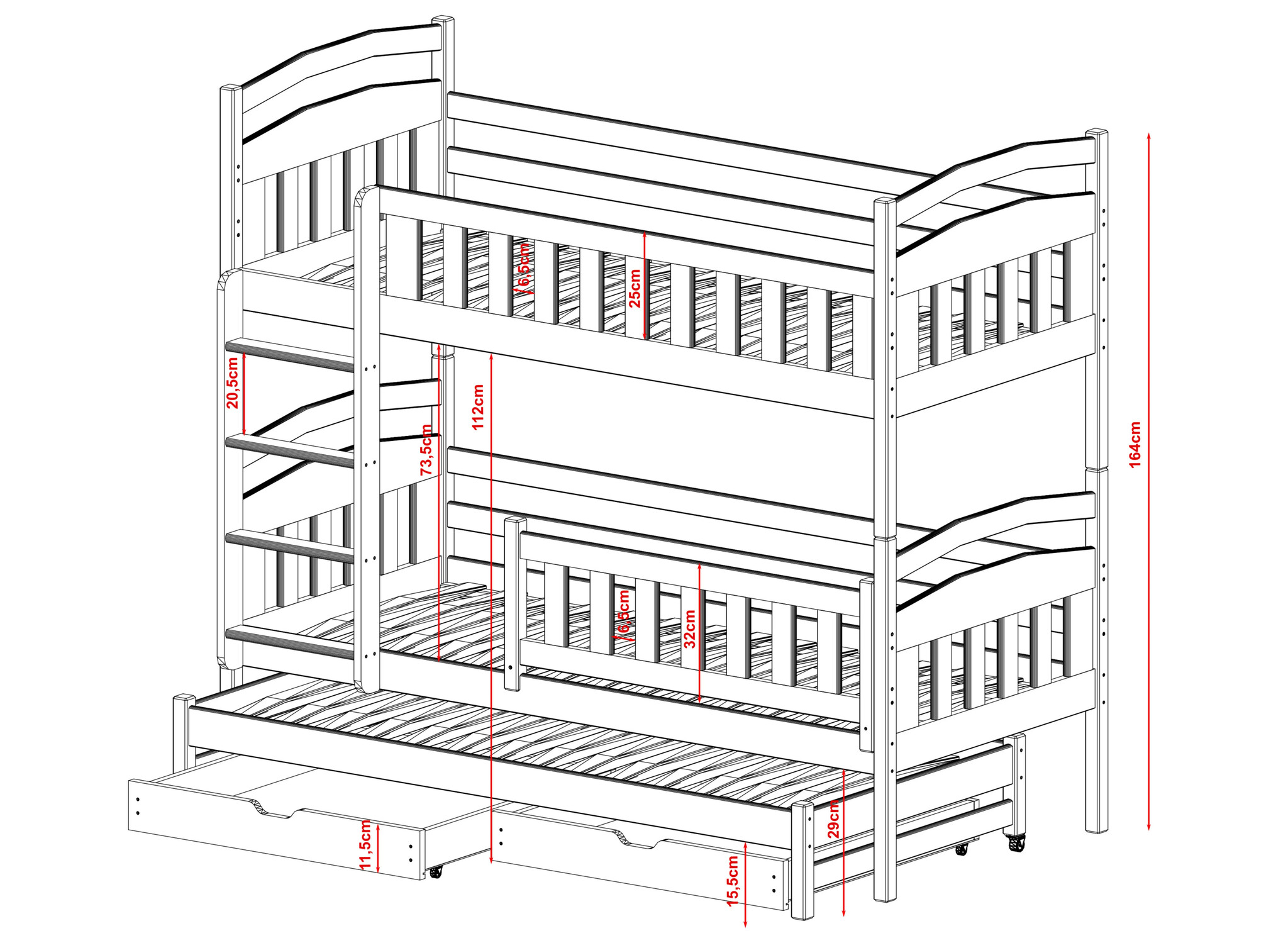 Stapelbed 3 persoons met lade Bas - 90 x 200 - Kinderbed - Direct Leverbaar!