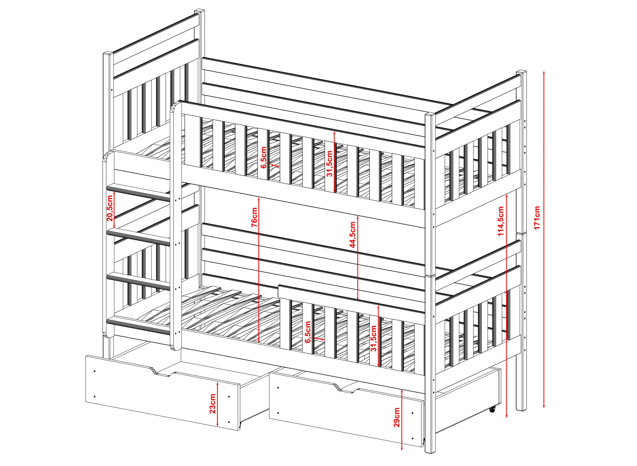 Stapelbed 2 persoons met lade Mira - 90 x 200 - Kinderbed - Direct Leverbaar!