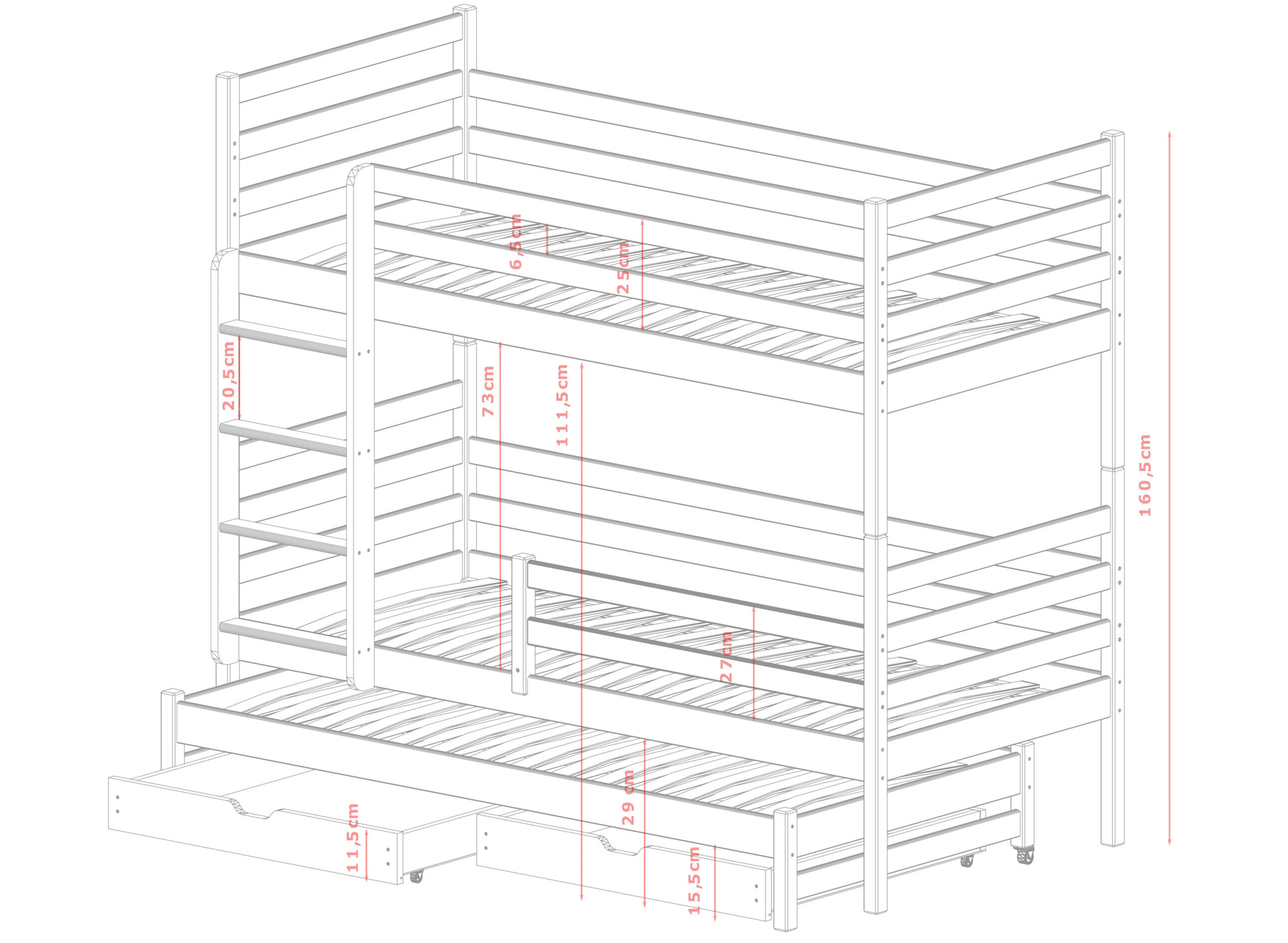 Stapelbed 3 persoons met lade Luuk - 90 x 200 - Kinderbed - Direct Leverbaar!