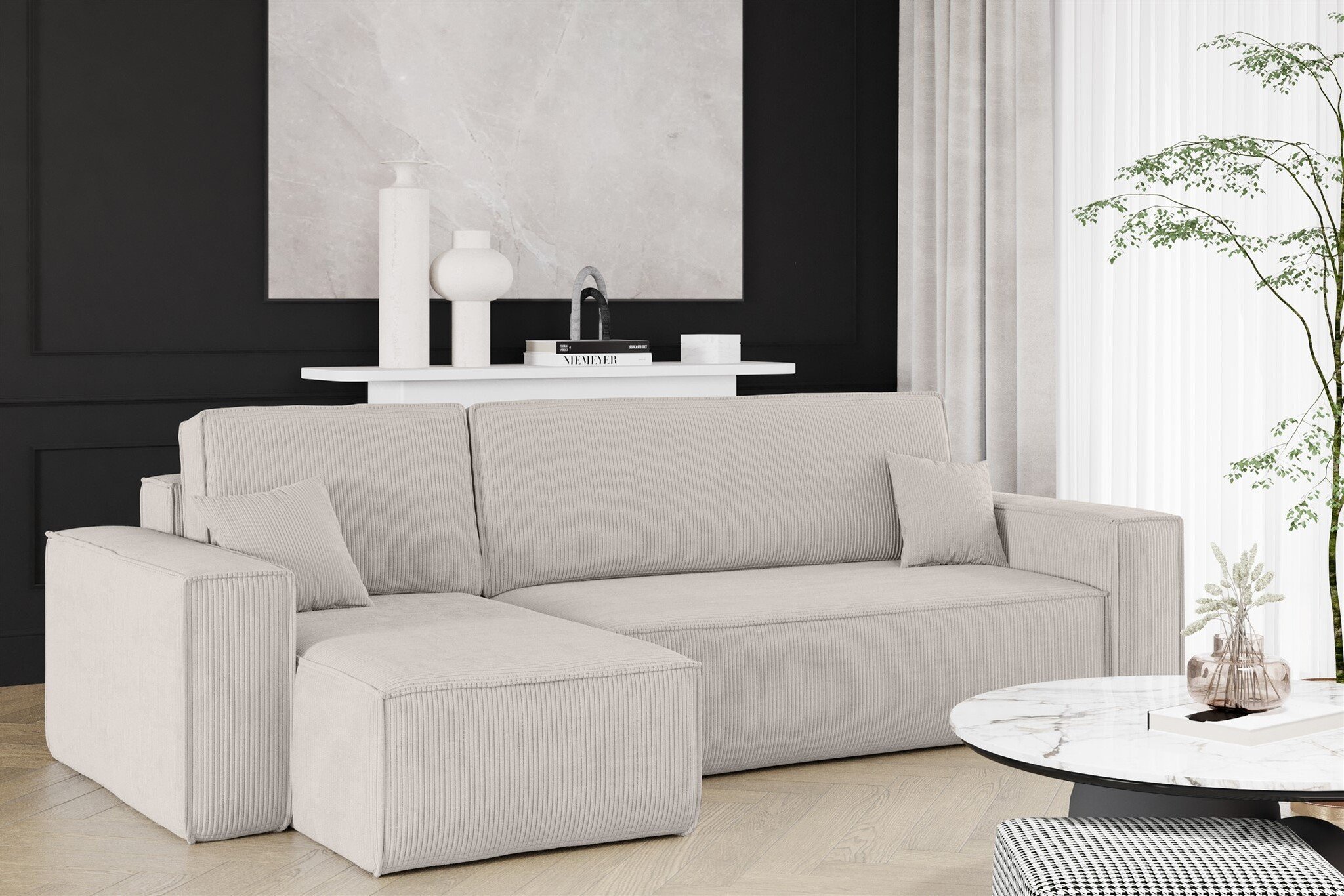 OP=OP Hoekbank Ribstof Karlo Grijs/Beige - Universeel - Slaapbank met opbergruimte