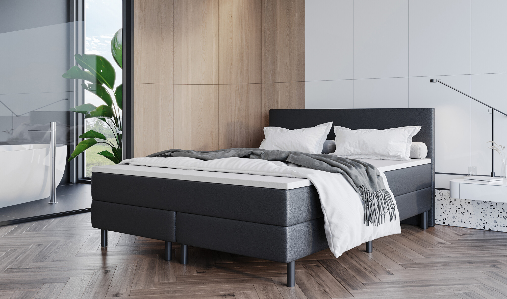 OP=OP Boxspring Basic 180 x 200 Skai Zwart incl. Pocketboxen XL