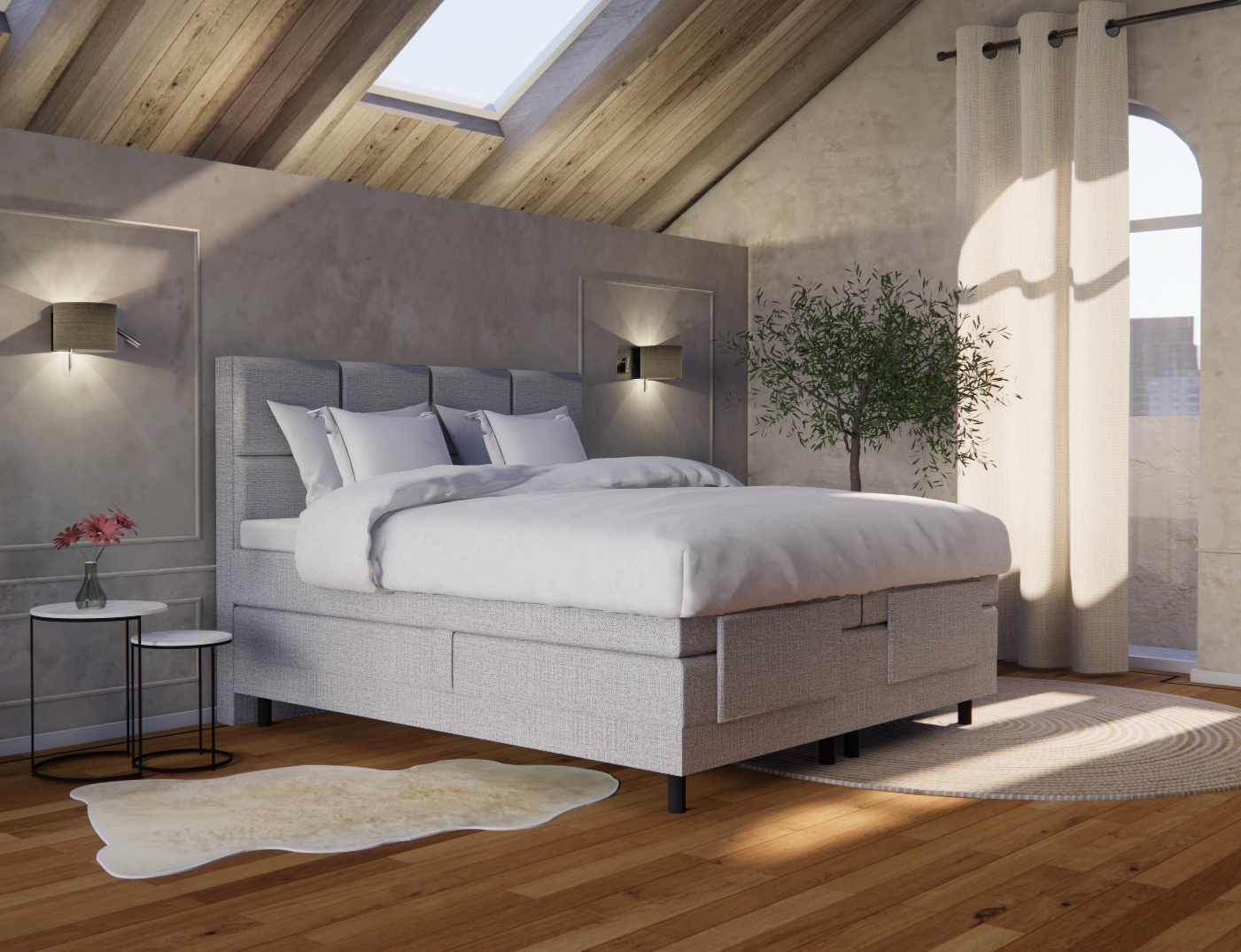 OP=OP Elektrische Boxspring Delux - 160 x 200 - Suede Taupe - Hoofdbord en voetbord Chevron inclusief 2x Hocker met lade en Bedbank