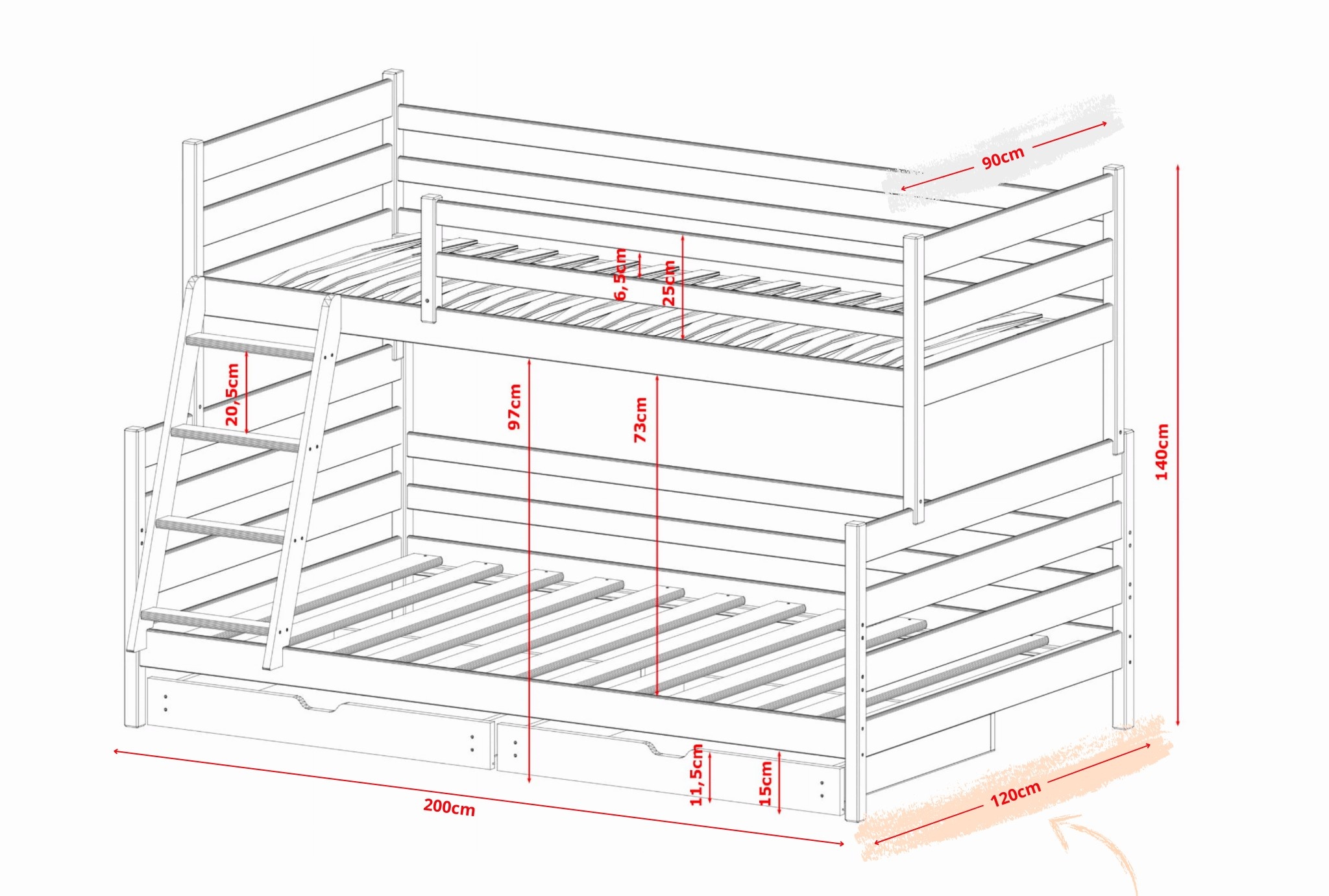 Stapelbed met Lade Faas - 3-persoons - 90/120 x 200 - Kinderbed - Leverbaar in 6 kleuren!