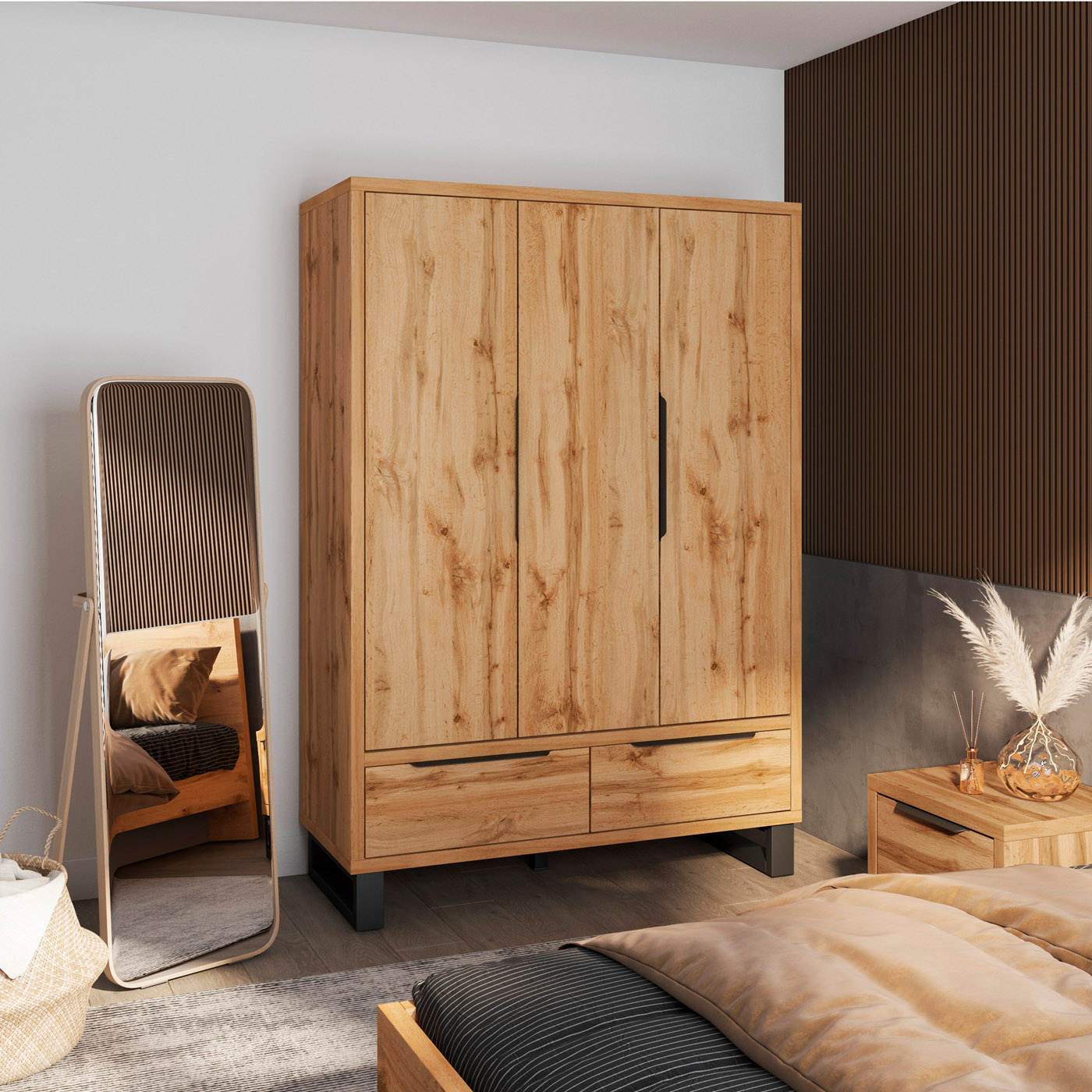 Kledingkast Halmstad - 3-Deurs met 2 Lades - Massief Eiken