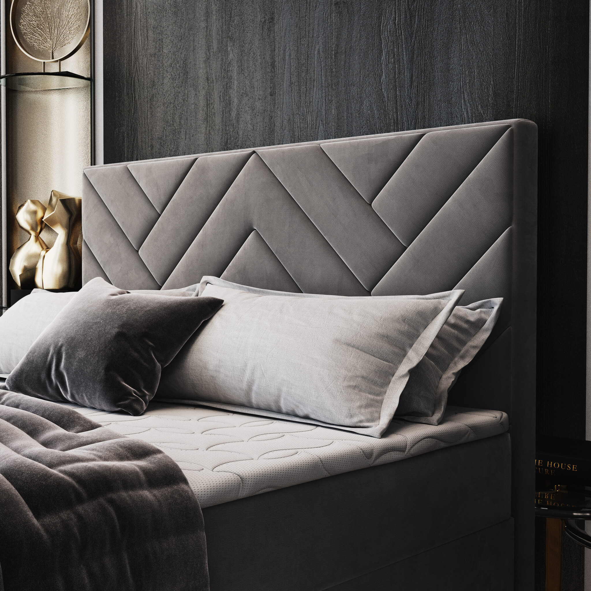 OP=OP Opberg Boxspring Chevron 160 x 200 Velvet Grijs incl. Hocker met Lade