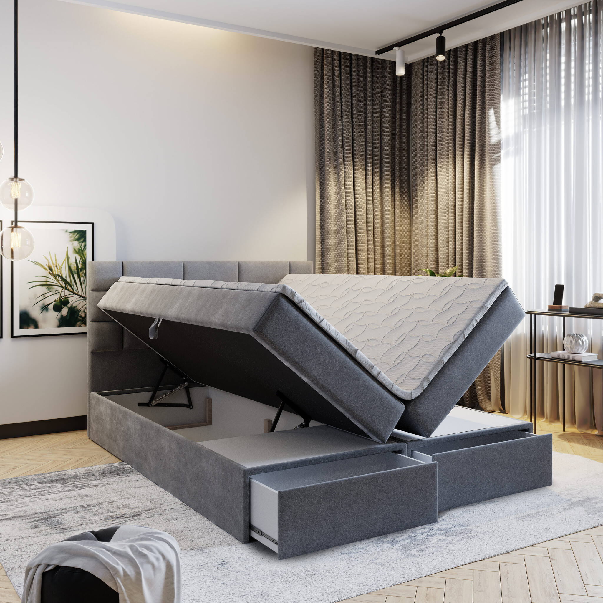 OP=OP Opberg Boxspring met Lade Dubai 160 x 200 Skai Zwart incl. Hockers