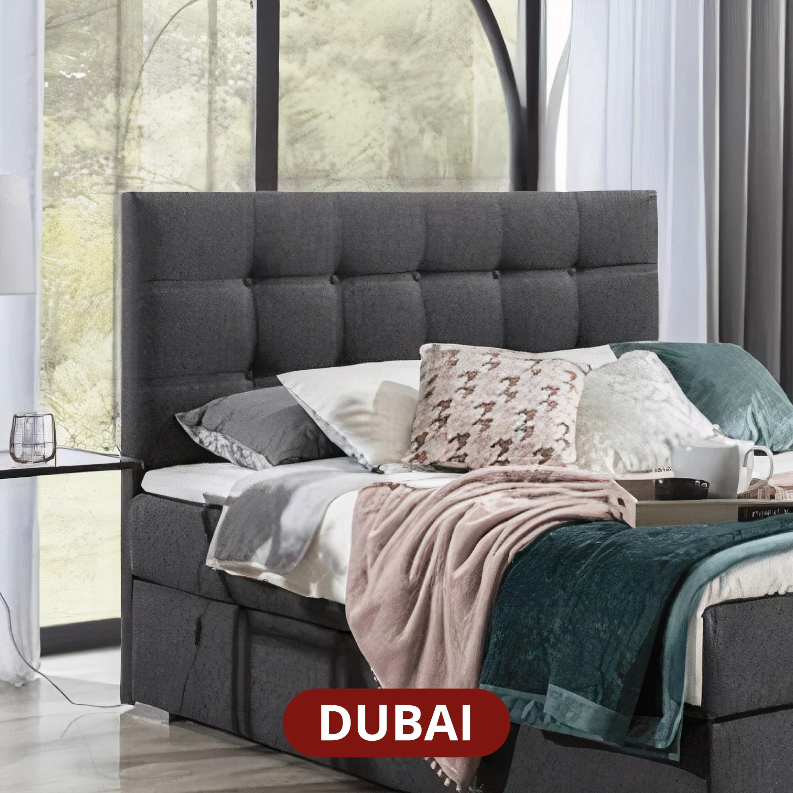 OP=OP Opberg Boxspring met Lade Dubai 160 x 200 Skai Zwart incl. Hockers