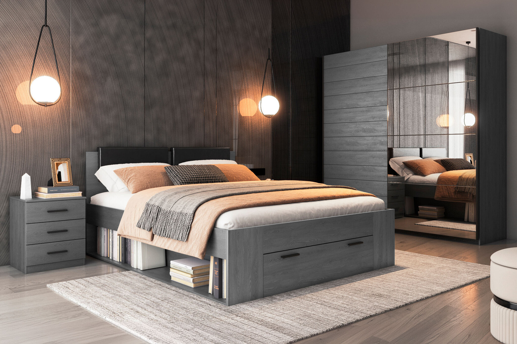 Houten Bed met Lade Genua - Antraciet - Bedframe