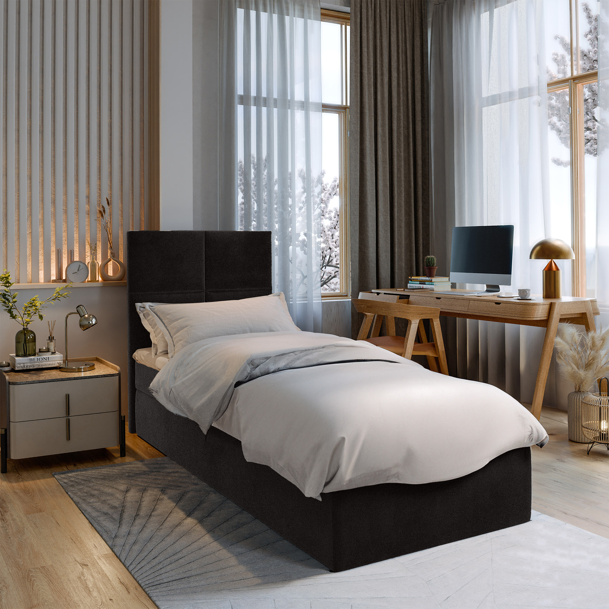 OP=OP Opberg Boxspring 90 x 200 Suede Zwart incl. GRATIS HOCKER (zonder hoofdbord)