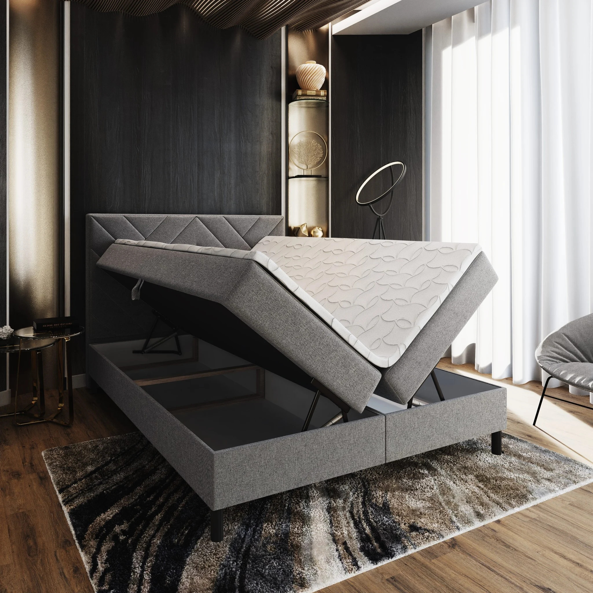 OP=OP Opberg Boxspring 180 x 200 Zwart - Chevron - Incl. Voetbord - Extra Hoog!