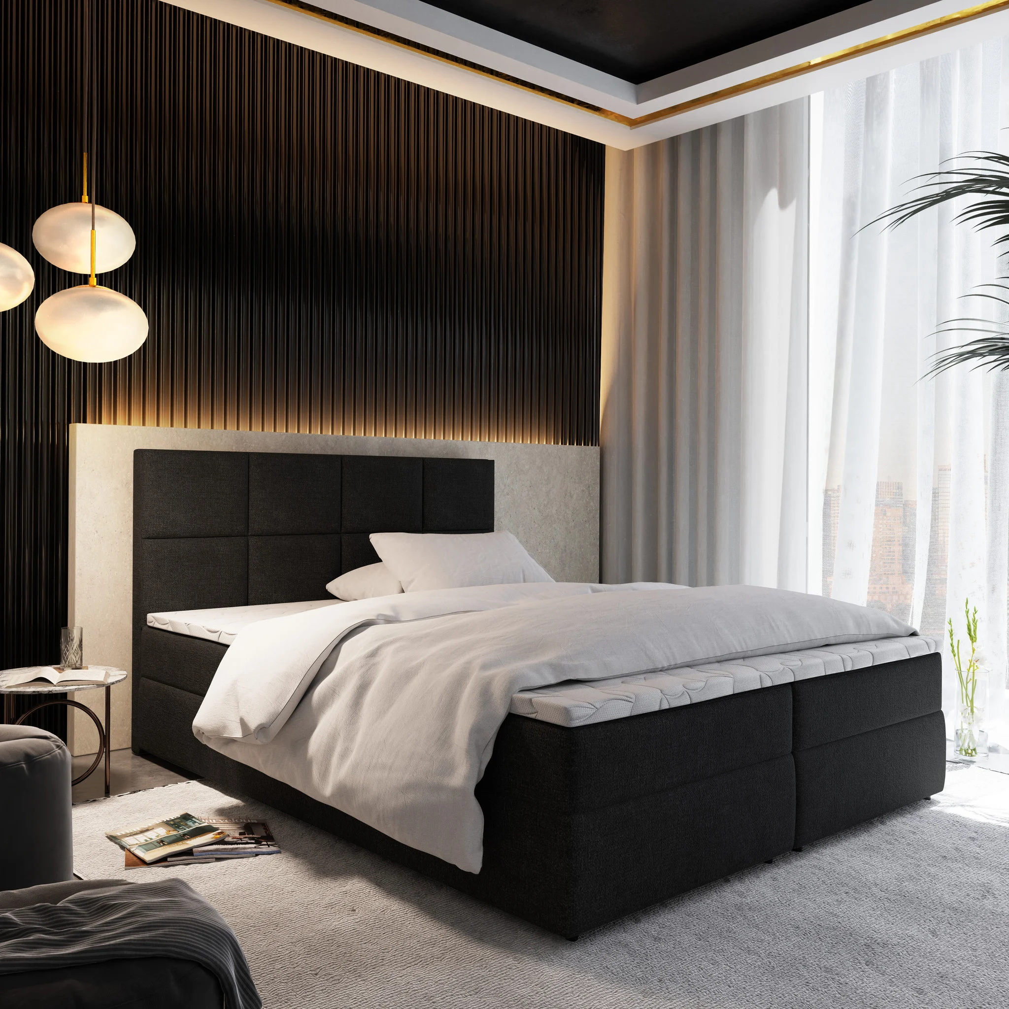 OP=OP Vlakke Boxspring met Levi Hoofdbord 180 x 200 Velvet Zwart incl. Groot Matras