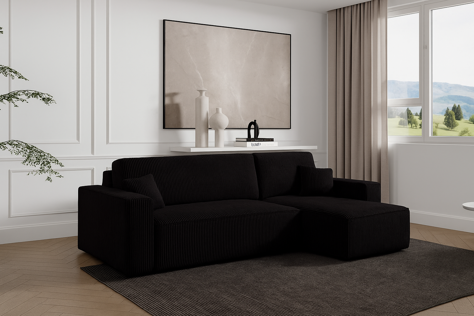 2dekans Hoekbank Karlo Ribstof Zwart- Universeel - Slaapbank met opbergruimte [Niet in originele verpakking]