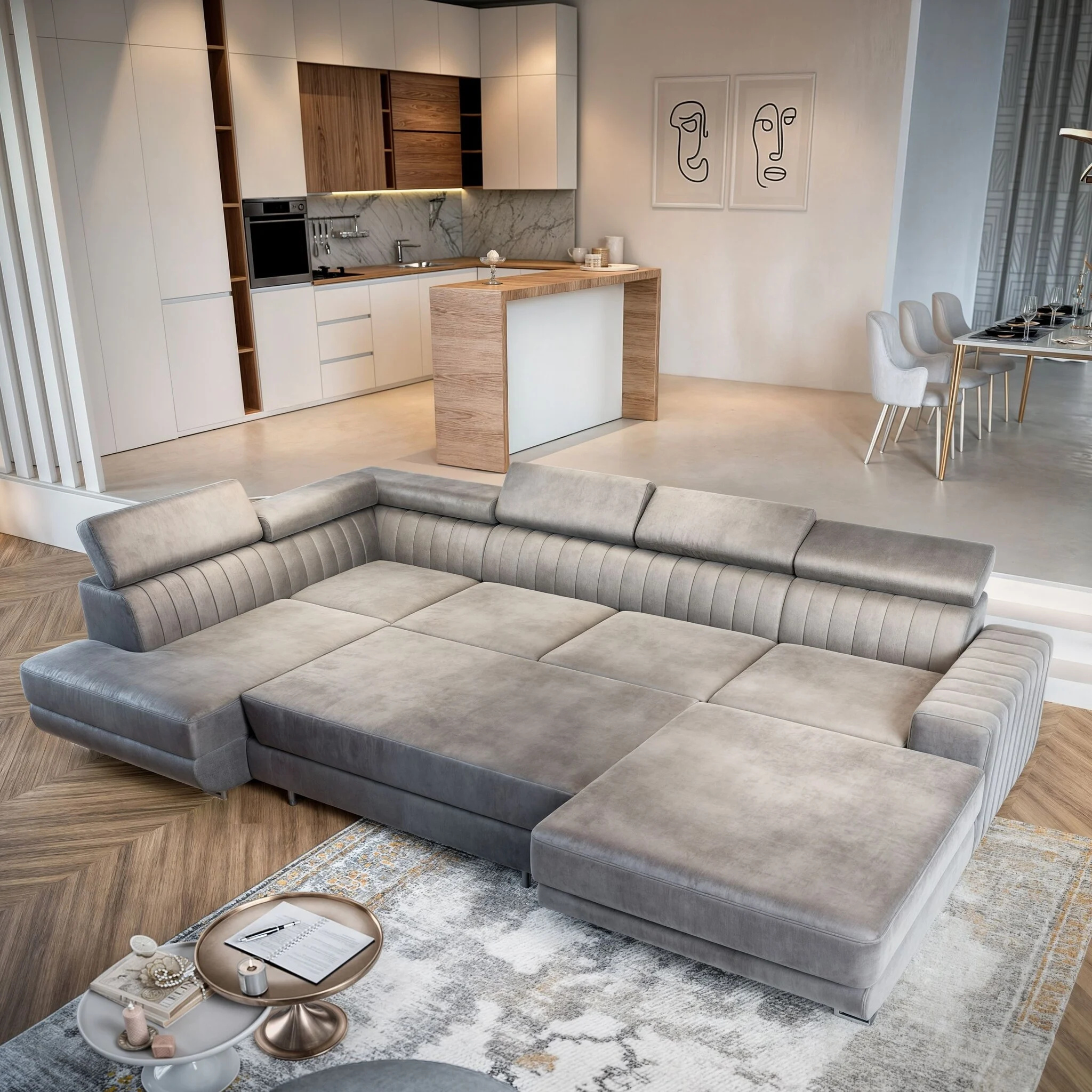 OP=OP Slaapbank met opbergruimte Nero | Rechts | U-bank| Suedelook Mosgroen