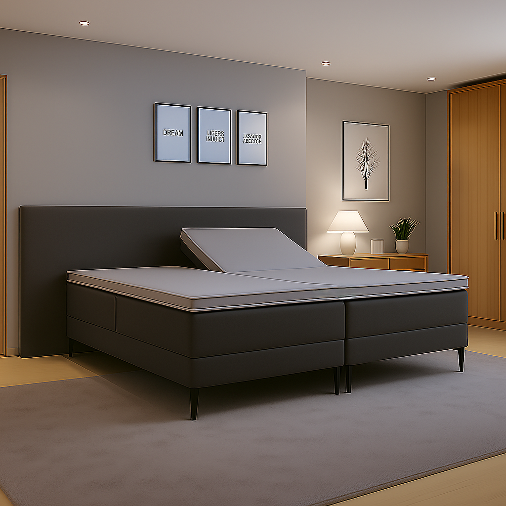 OP=OP Elektrische Boxspring Andy - Antislip - 180 x 200 Kunstleer Grijs - HB 260x100x10 - Incl. voetbord met TV-lift Andy + 2x Hocker met 1 lade