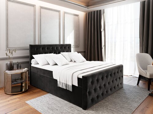 OP=OP Opberg Boxspring Fluweel Fondi 180 x 200 Zwart - incl. voetbord - Incl. 2x Hocker met Plank