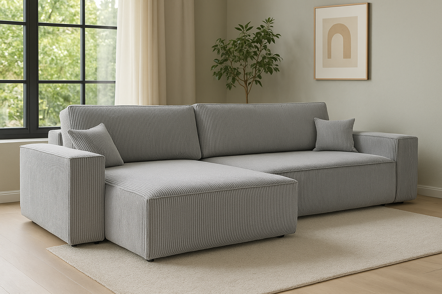 OP=OP Hoekbank Karlo XL  -Ribstof Grijs - Slaapbank met opbergruimte -Universeel