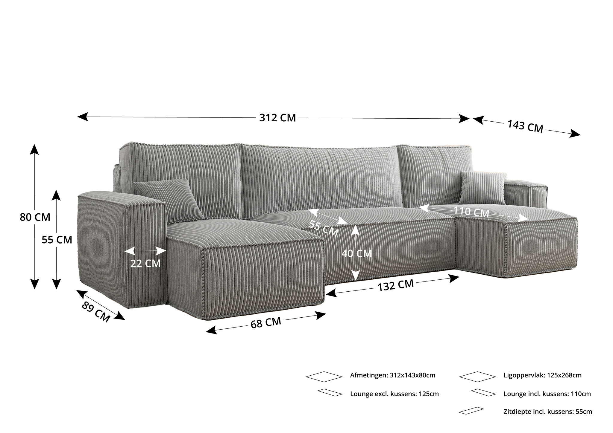 2dekans U-bank Karlo Creme - Slaapbank met opbergruimte -  4 zits [Niet in originele verpakking]