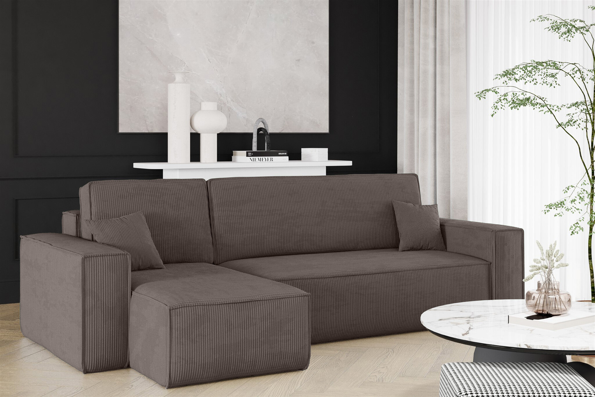 2dekans Hoekbank Karlo L Ribstof Taupe - Universeel - Slaapbank met opbergruimte [Niet in originele verpakking - kans op schade]