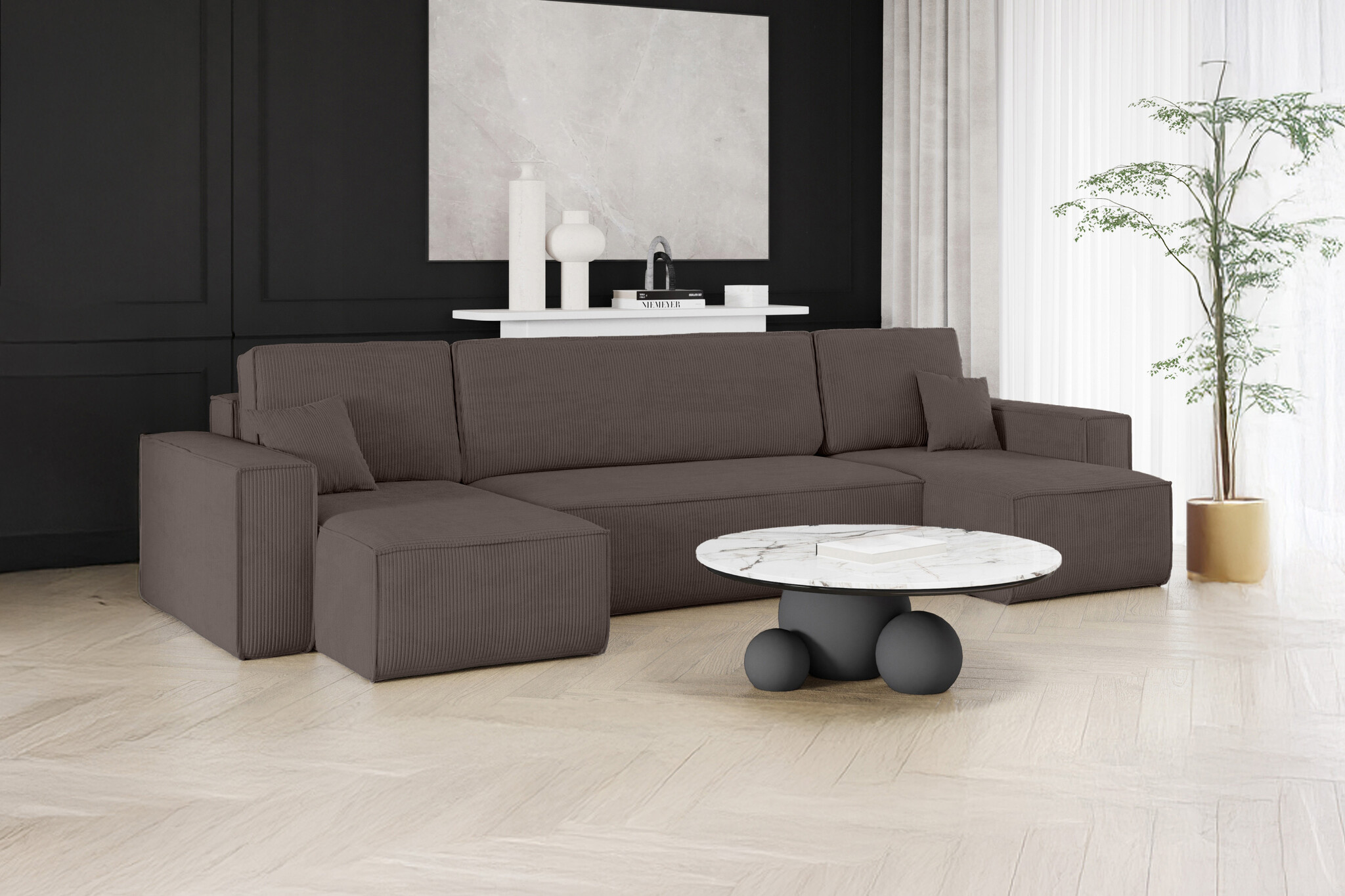 U-bank Ribstof Karlo - Slaapbank met opbergruimte -  4 zits