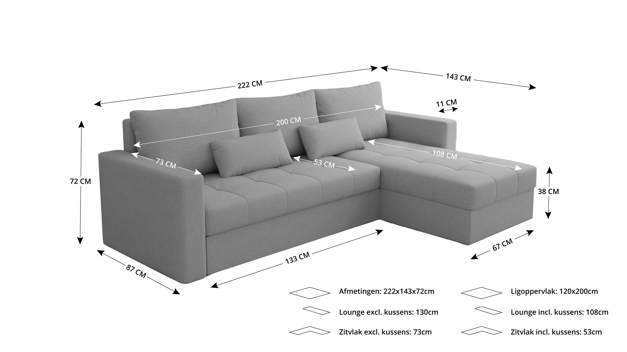 OP=OP Hoekbank Kos Velvet Grijs - Universeel - Slaapbank met opbergruimte