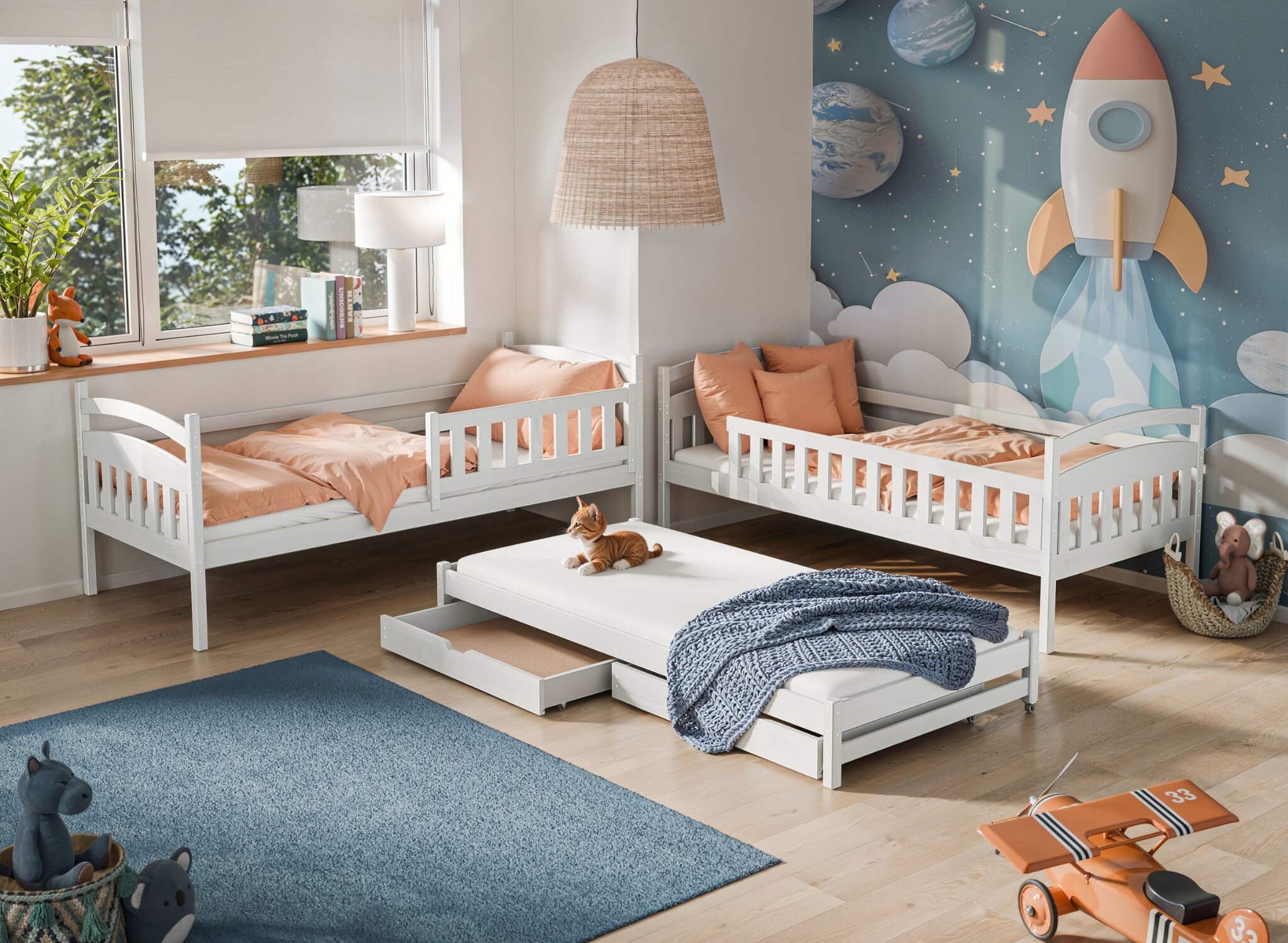 OP=OP Stapelbed met Lade Bas - 3-persoons - 90 x 200 - Naturel/Hout