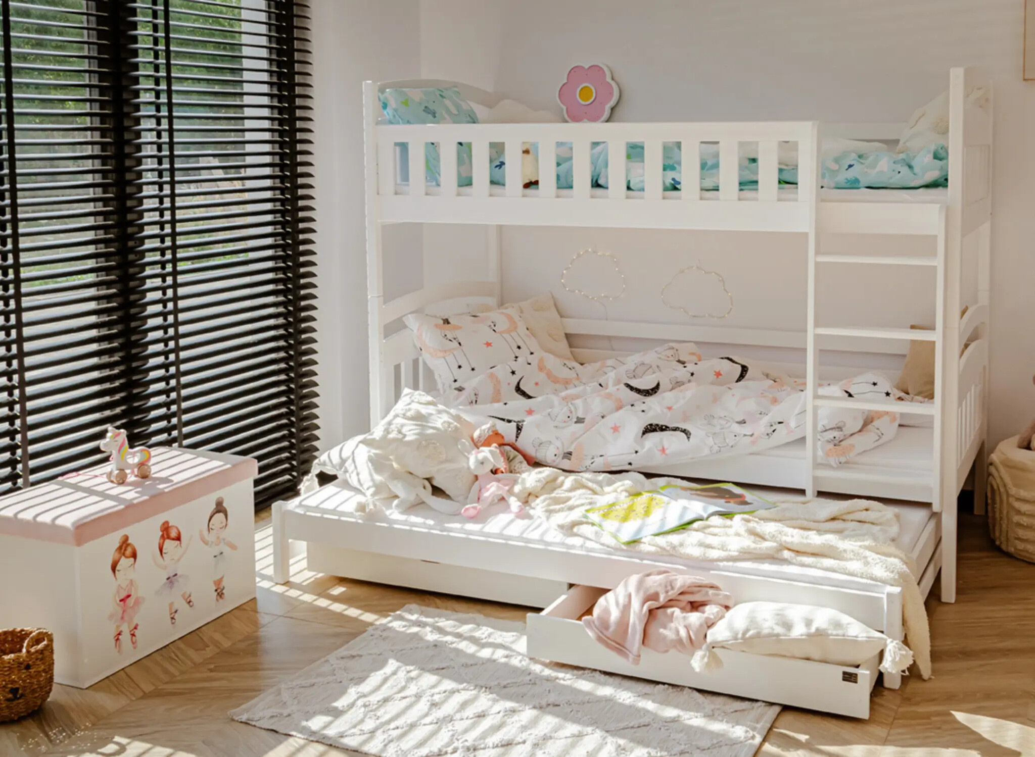 OP=OP Stapelbed met Lade Bas - 3-persoons - 90 x 200 - Naturel/Hout