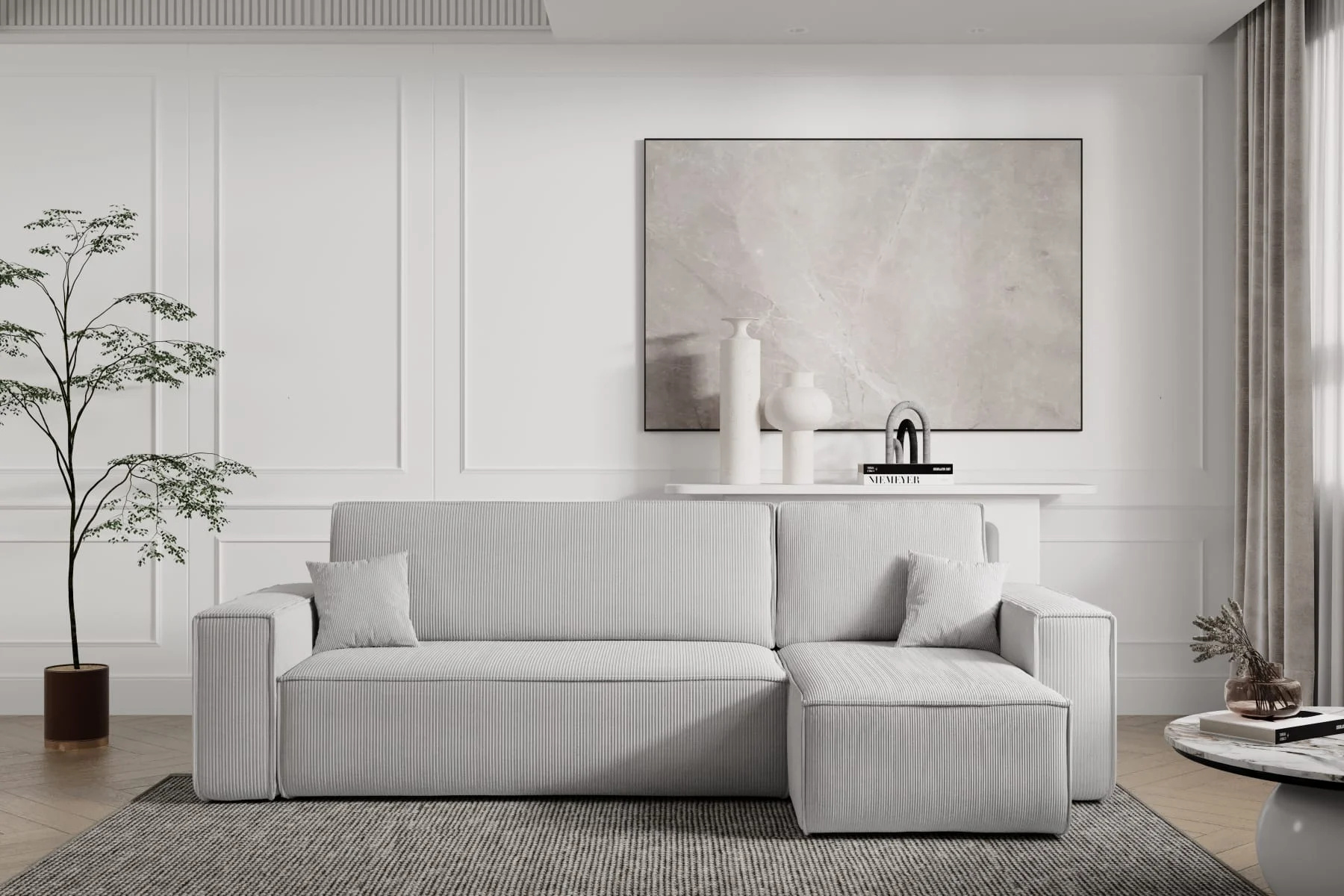 OP=OP Slaapbank Karlo - Ribstof Grijs - L-Hoekbank 3-zits met opbergruimte - Universeel