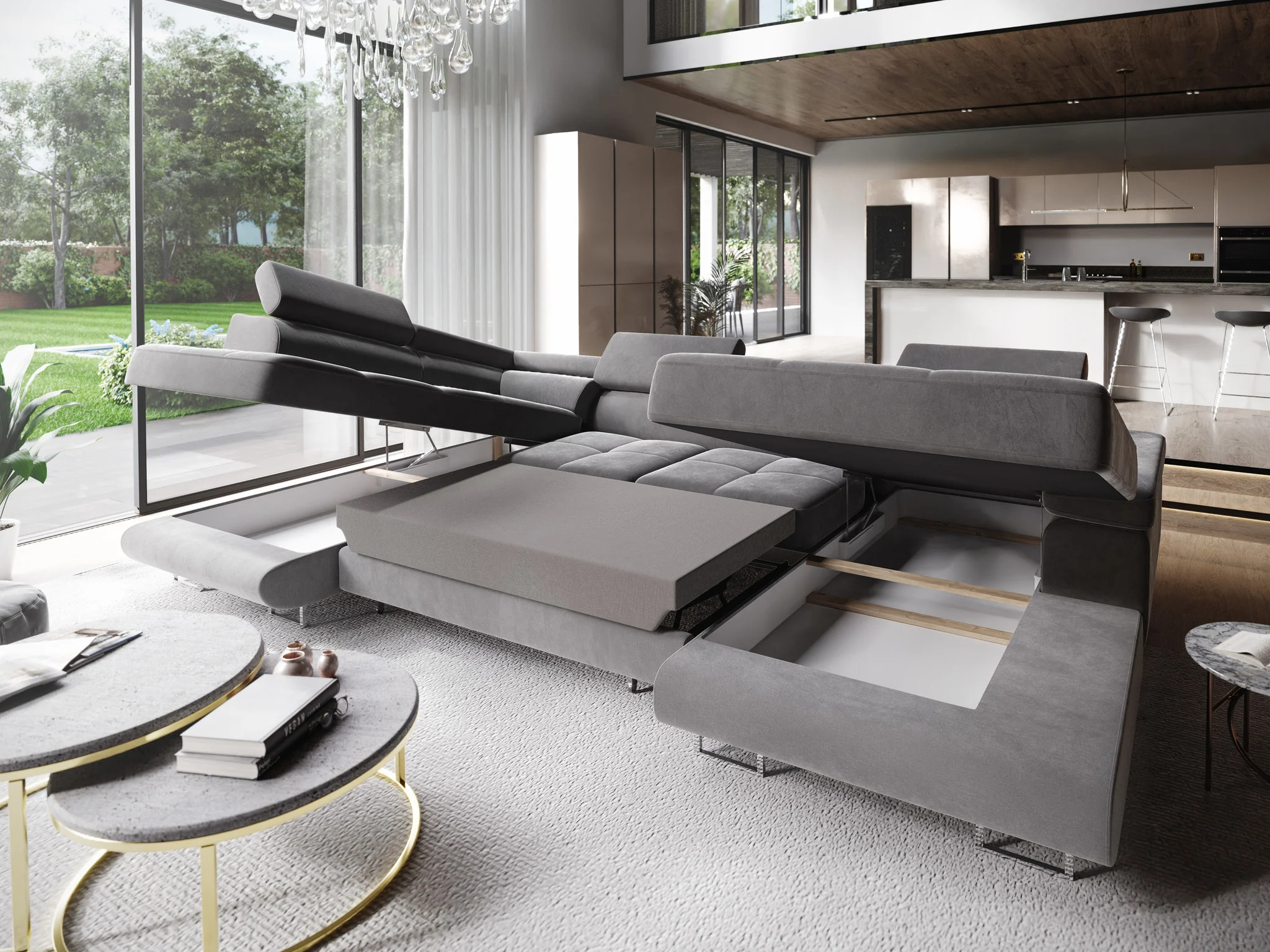 2dekans Slaapbank met opbergruimte Sem | Rechts | U-bank XL - Antraciet  (gat in bodemplaat + Niet in originele verpakking - Kans op schade)