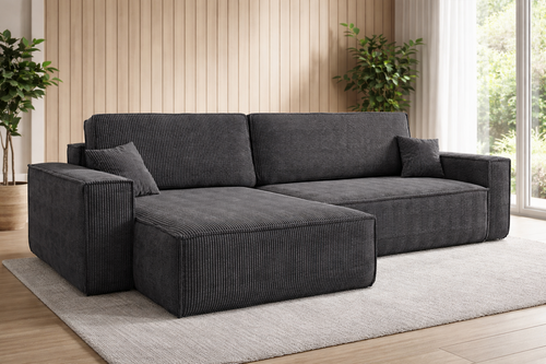 OP=OP Hoekbank Karlo XL Ribstof Antraciet/Bruin - Slaapbank met opbergruimte