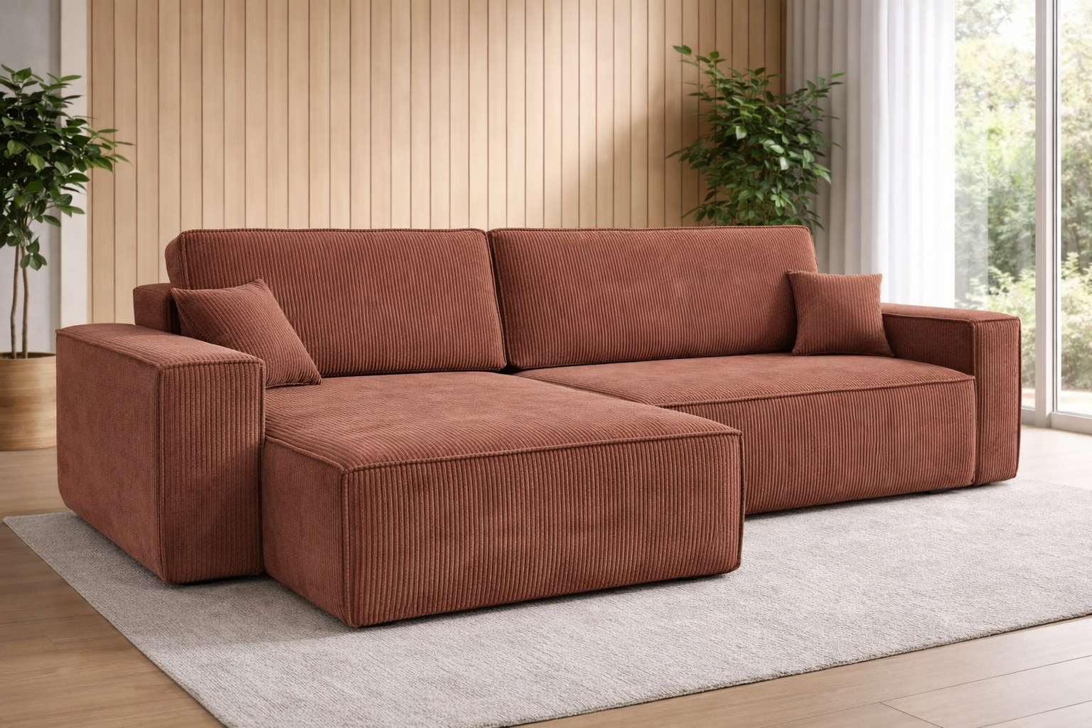 OP=OP Slaapbank Karlo - Ribstof Warm Oud Roze - L-Hoekbank 3-zits met opbergruimte - Universeel