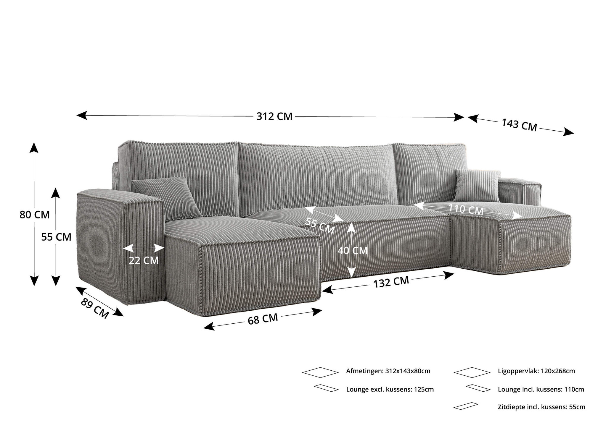 2dekans U-bank Karlo - Ribstof Beige - Slaapbank met opbergruimte -  4 zits (Niet in originele verpakking)