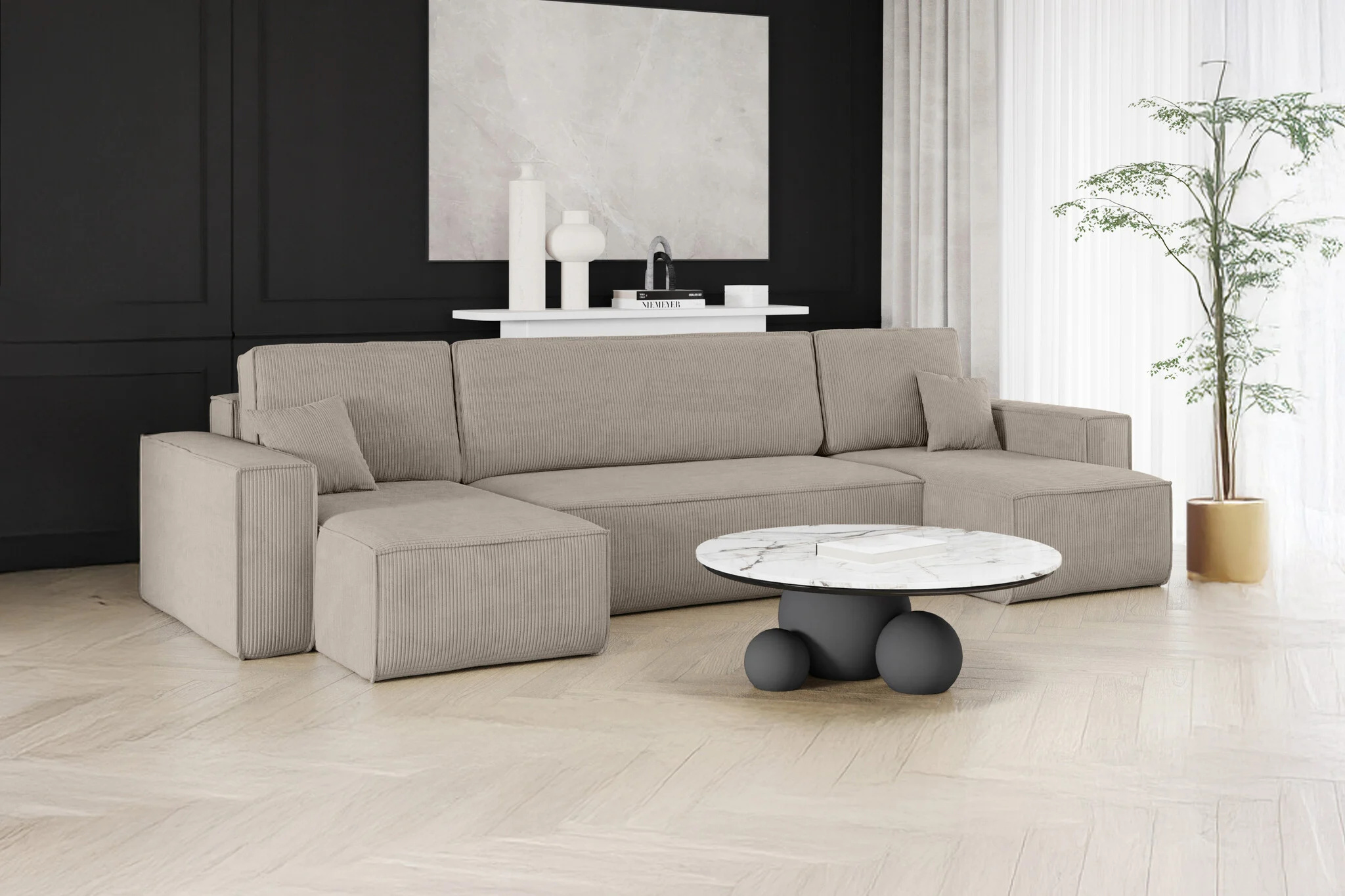 2dekans U-bank Karlo - Ribstof Beige - Slaapbank met opbergruimte -  4 zits (Niet in originele verpakking)