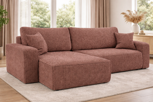 OP=OP Hoekbank Pim XL -Ribstof Warm Oud Roze - Universeel - Slaapbank met opbergruimte