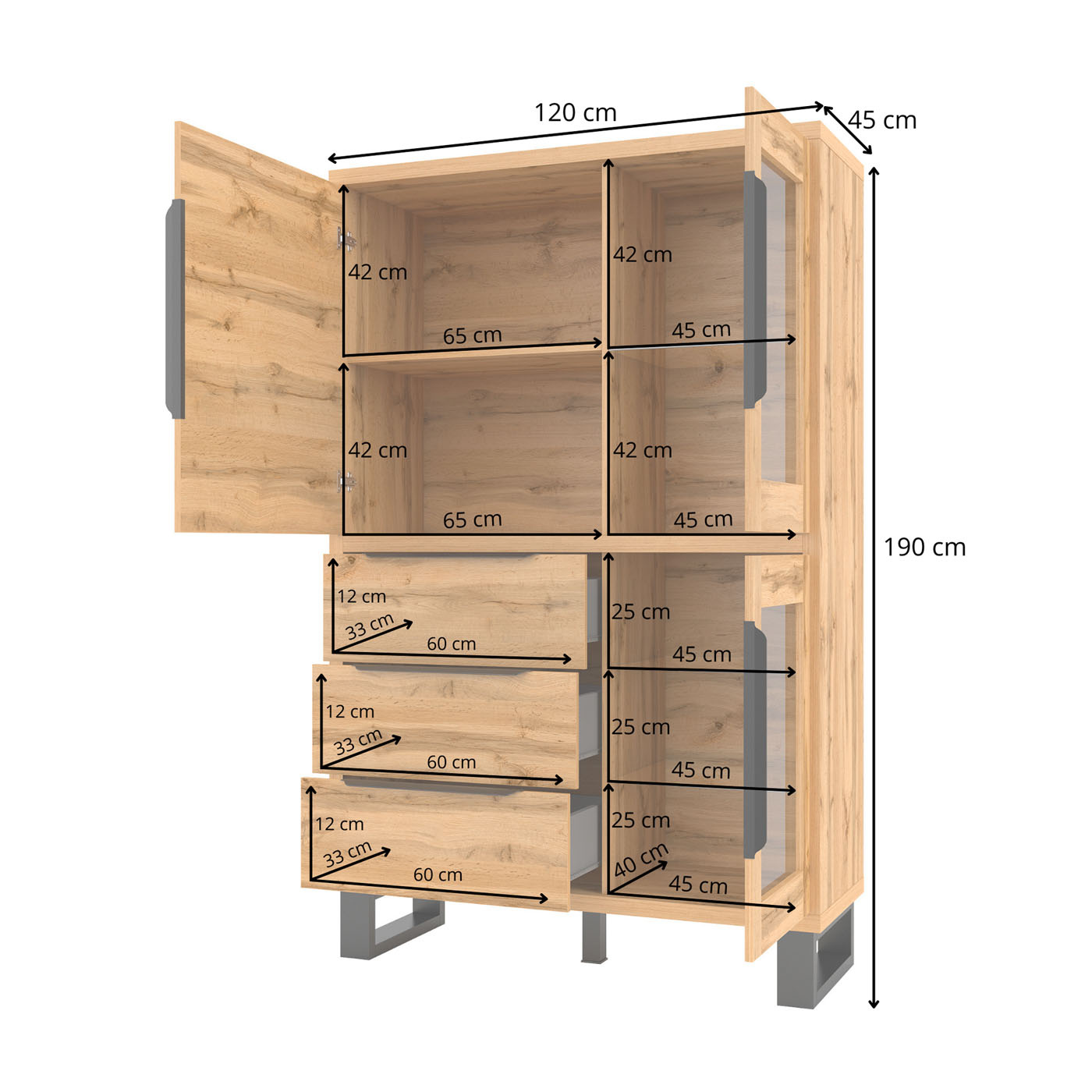 Vitrinekast Halmstad - 3-deurs incl. 3 lades - Wotan Eiken