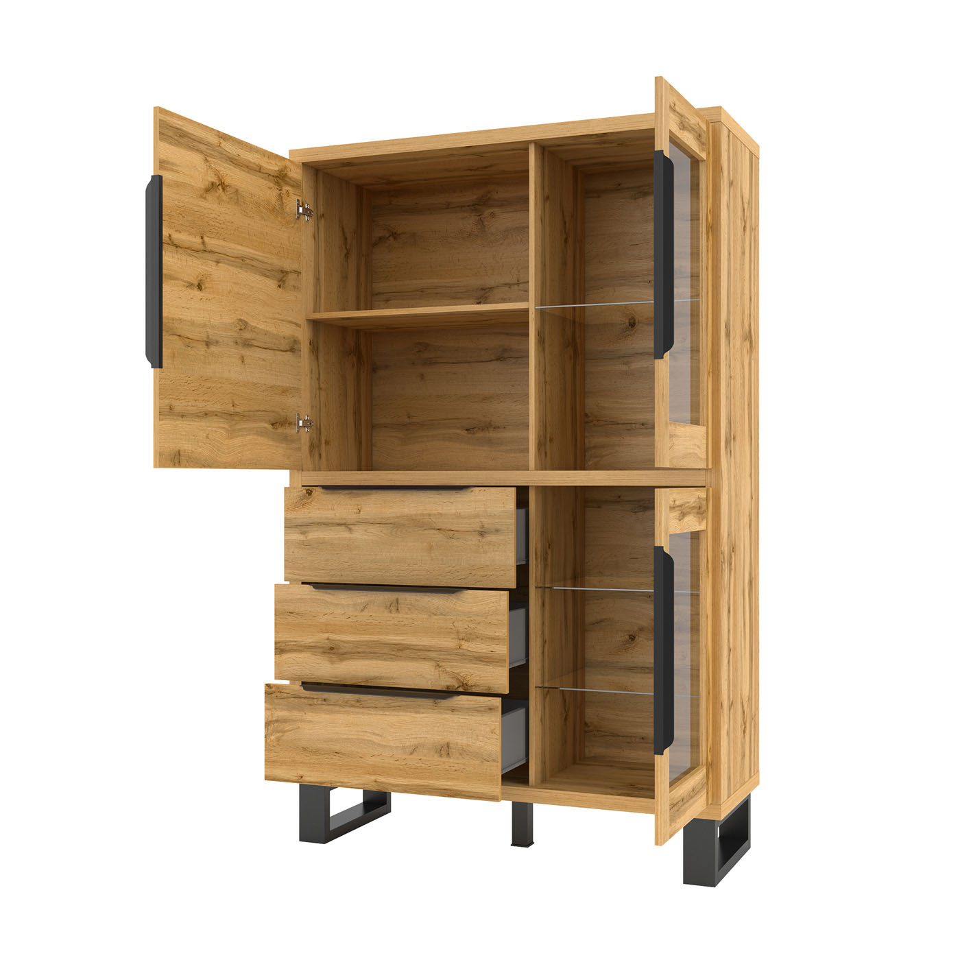Vitrinekast Halmstad - 3-deurs incl. 3 lades - Wotan Eiken