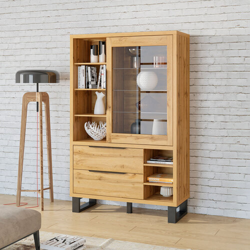 Vitrinekast Halmstad - 1-deurs incl. 2 lades - Wotan Eiken