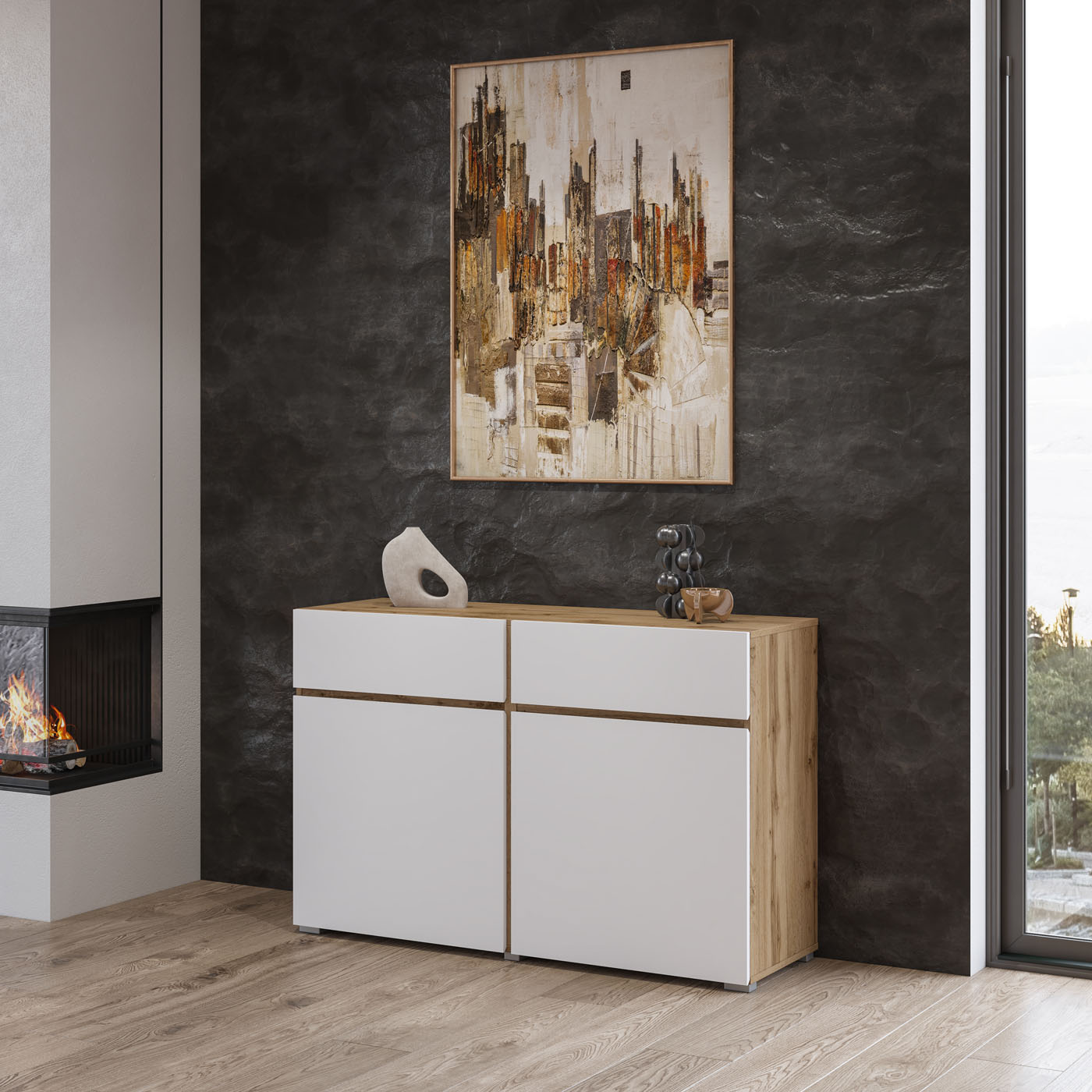 Dressoir Crotone - 2-deurs incl. 2 lades - Wotan Eiken / Wit