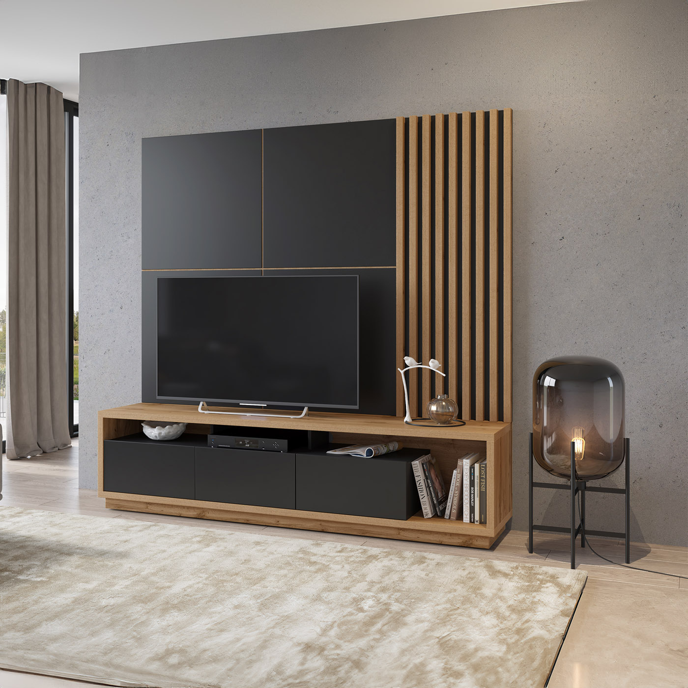 Wandcombinatie Celano - Wotan Eiken / Zwart