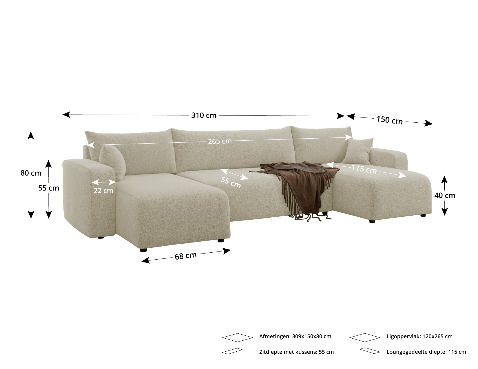 2dekans U-bank Slaapbank Pim - Teddy stof Taupe - 4-zits met opbergruimte - (Niet in originele verpakking - Kans op schade)