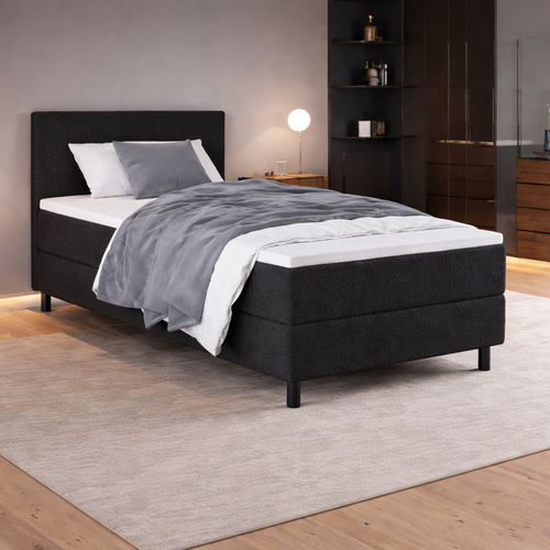 OP=OP Boxspring Vast Chicago - 80 x 200 Teddy Zwart - Incl Chicago Voetbord + Stevig Pocketvering Matras + Pocketbox