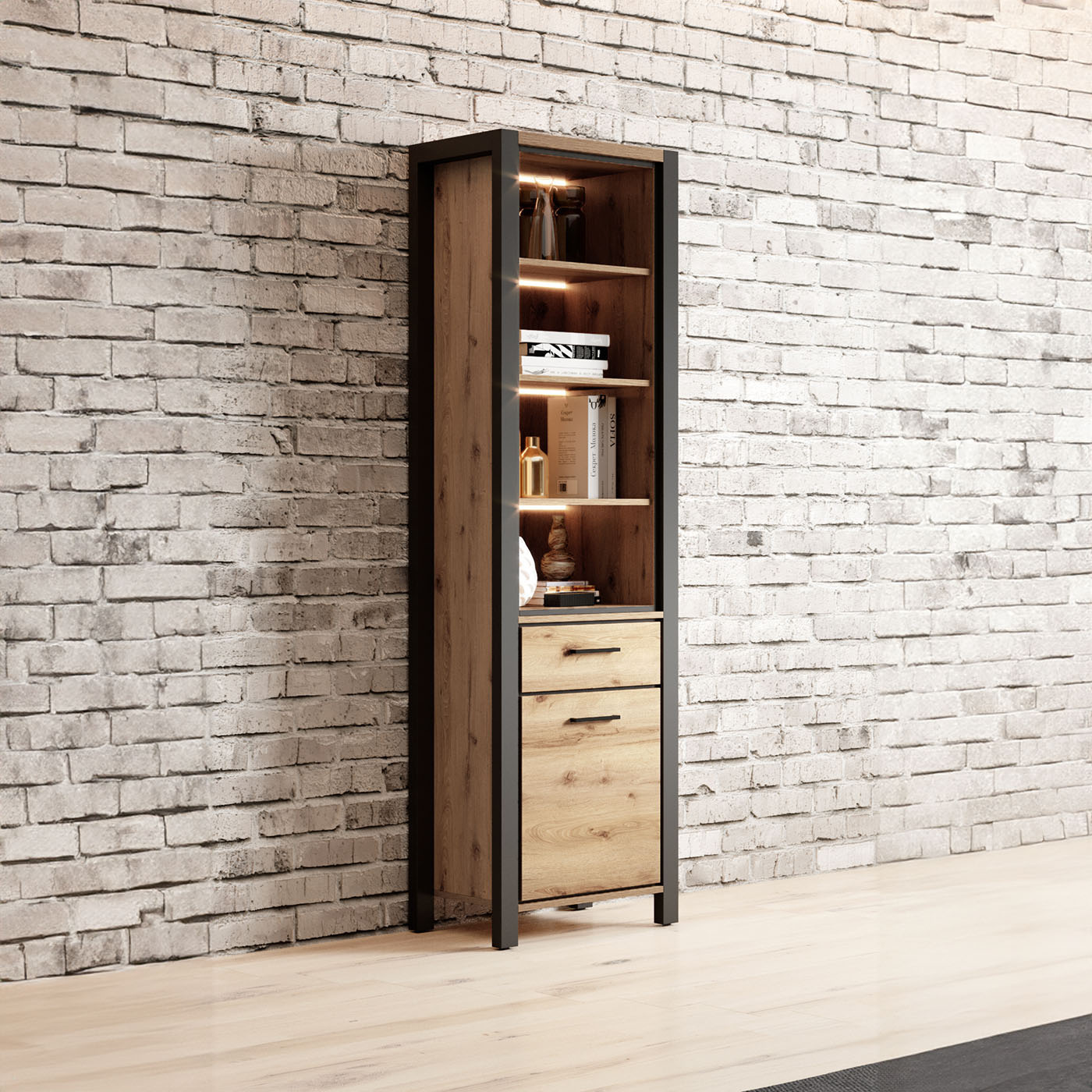 Boekenkast Akven - 1-deurs incl. lade - Wotan Eiken