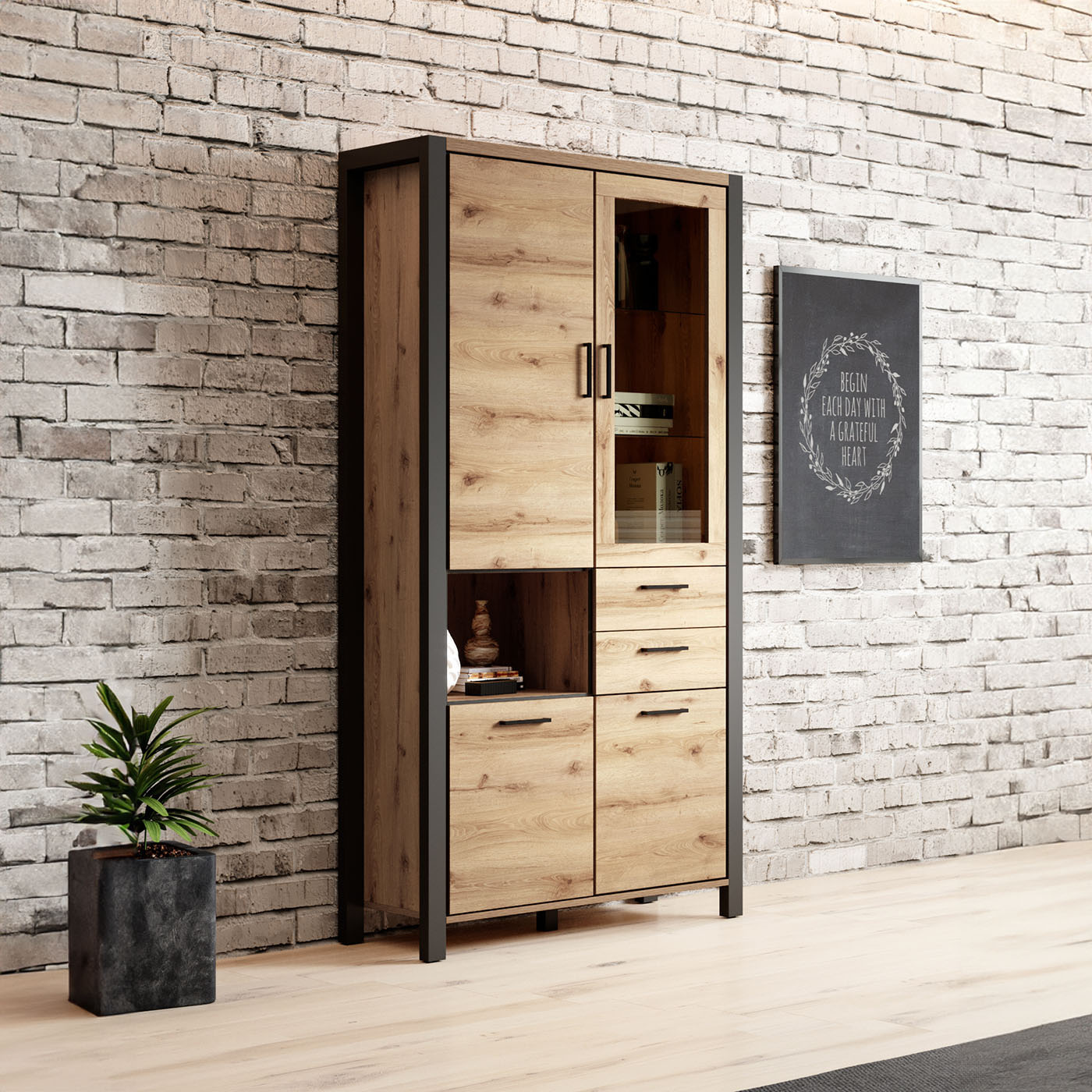 Vitrinekast Akven - 4-deurs incl. 2 lades - Wotan Eiken