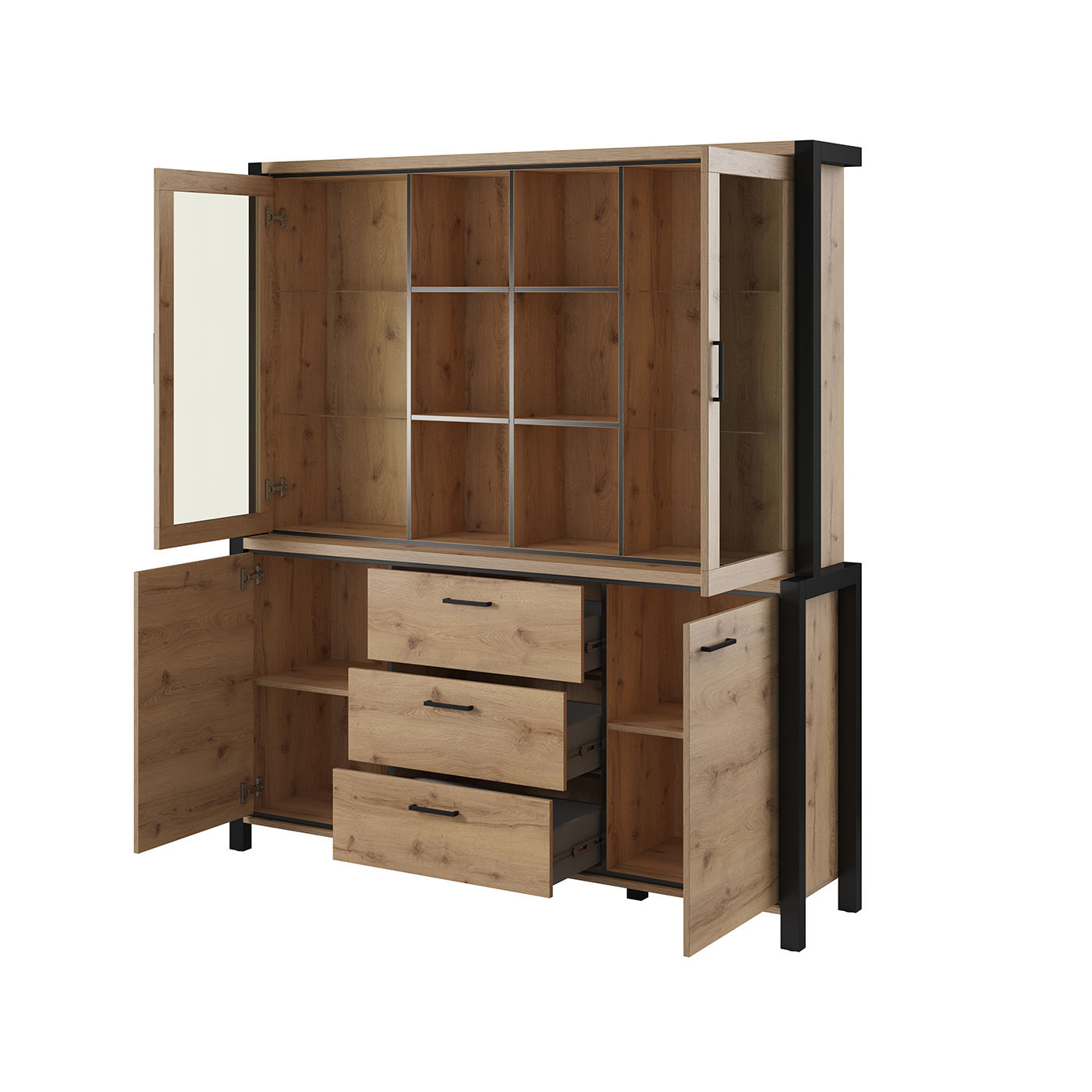 Vitrinekast Akven - 4-deurs incl. 3 lades - Wotan Eiken