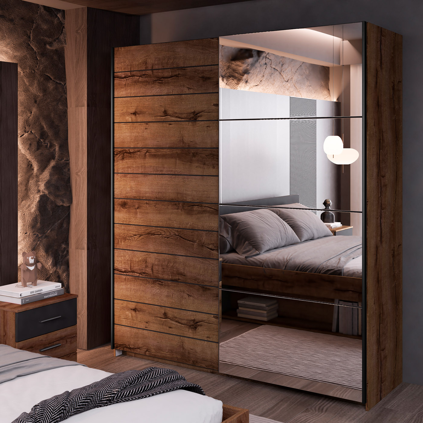 Kledingkast Bern - 2-deurs incl. spiegel - Walnoot