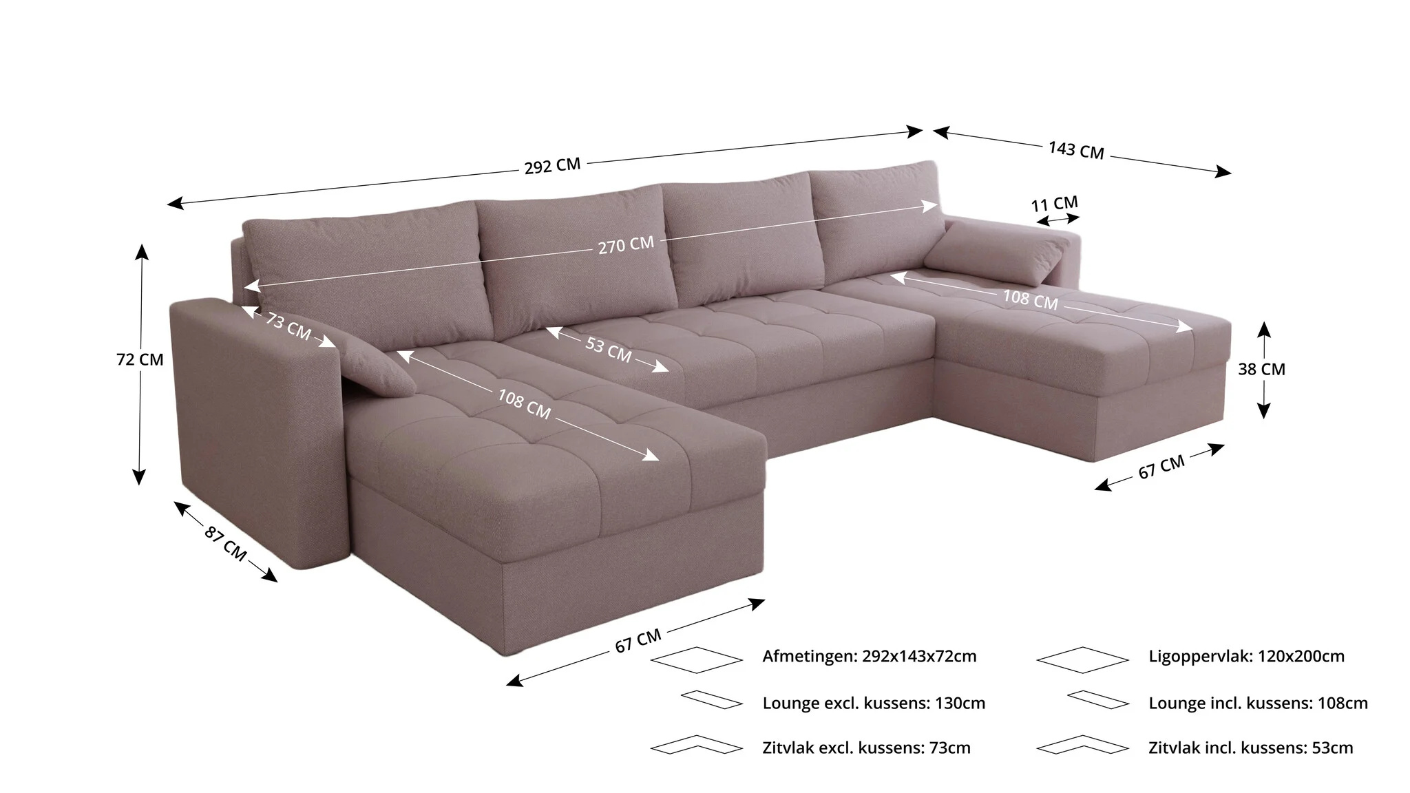 2dekans U-bank Kos | 2 Kleurig - Antraciet met zwarte leuningen | Slaapbank met opbergruimte -  Niet in originele verpakking - Kans op schade