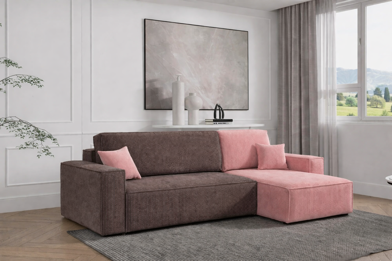 2dekans Hoekbank Karlo 2-Kleurig - Ribstof Roze + Lila - Universeel - Slaapbank met opbergruimte [Niet in originele verpakking]