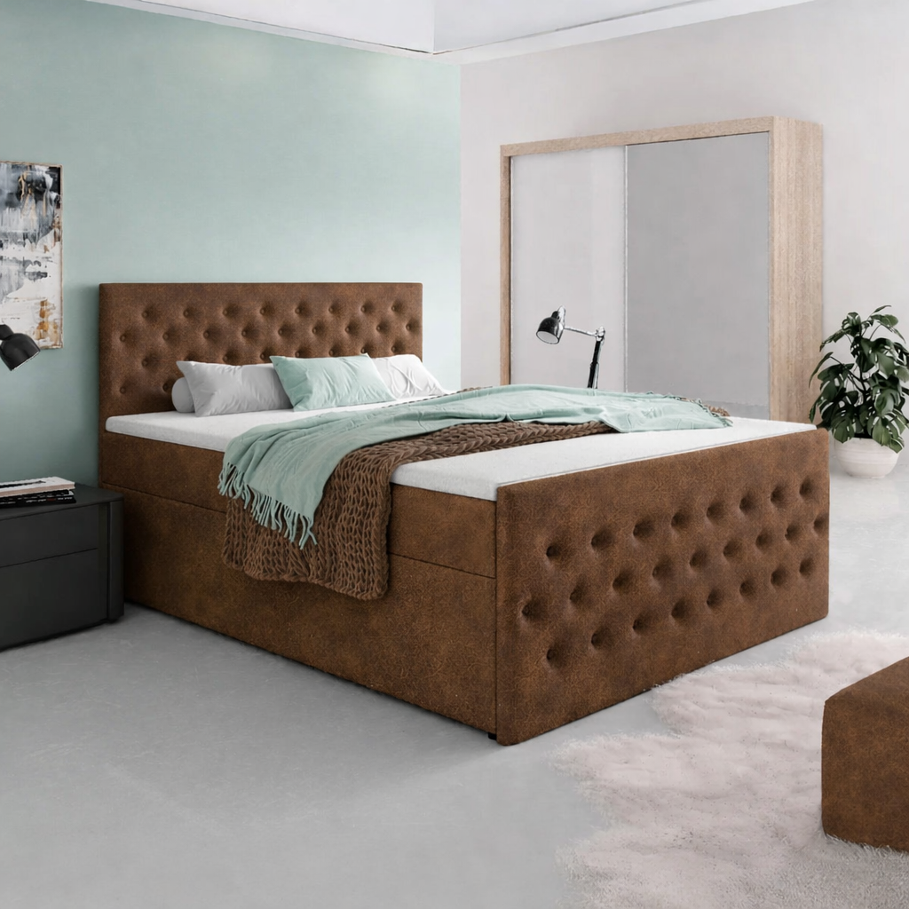 2dekans Opberg boxspring Andy - 180 x 210 Suede Cognac | 40 cm opbergboxen + Voetbord met TV-lift (Stofschade + Niet in originele verpakking)